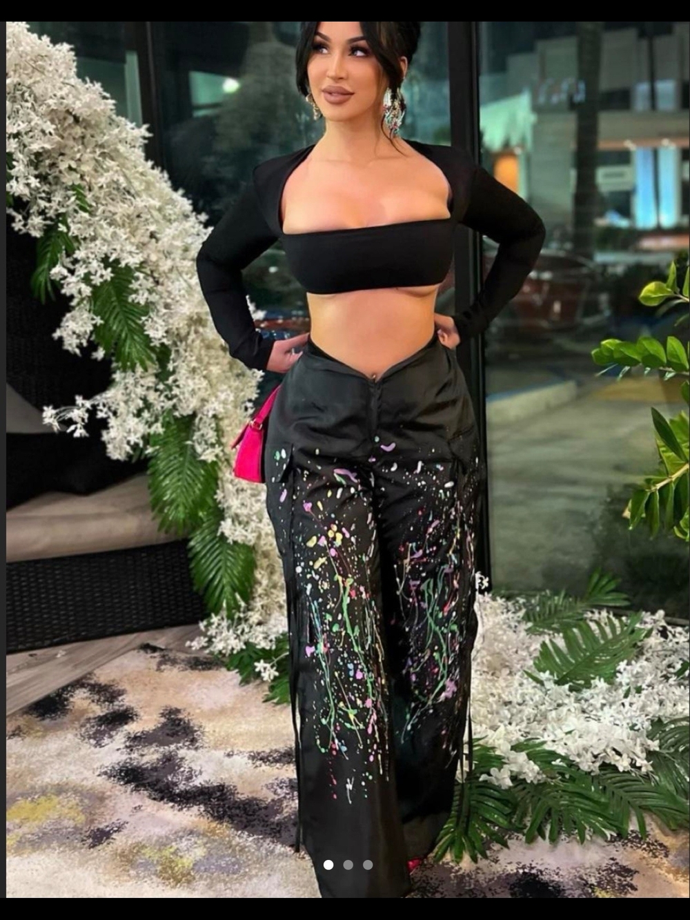 Fashion Nova Black Wide-Leg Paint-Splash Pants